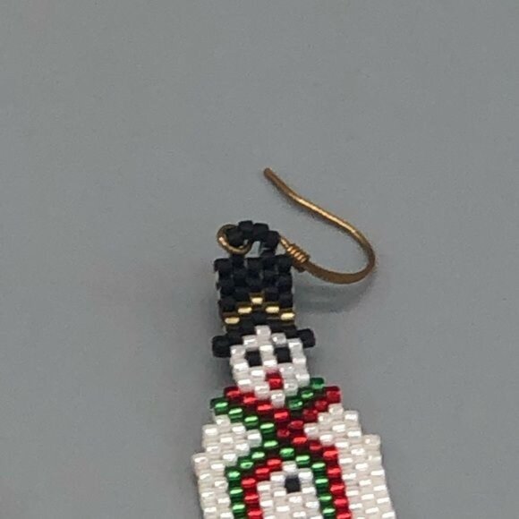 Handmade beaded snowman white black pierced earrings 2" long hat Christmas READ - Picture 3 of 5
